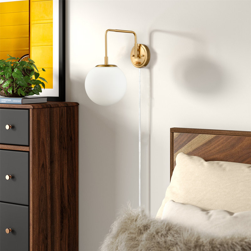 Gold Plug in Wall Sconce with Globe Milk Glass Shade
