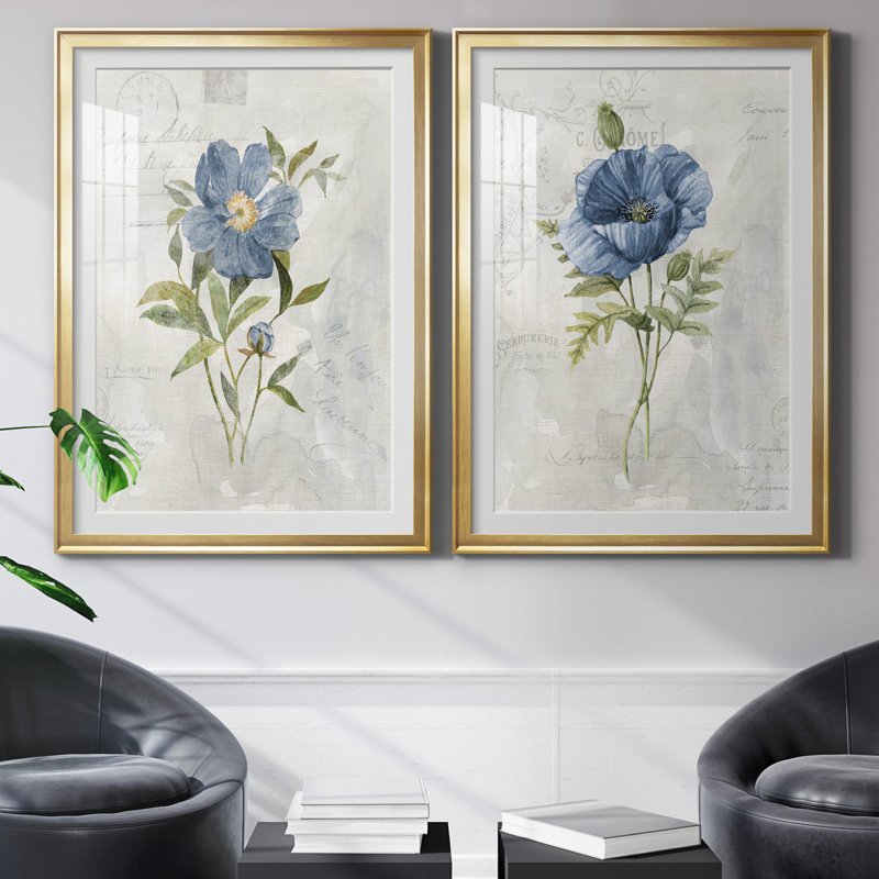 Blue Linen Peony - ensemble de 2 reproductions d'art, H 26,5 po x l 73 po x P 1,5 po, Blanc, Papier encadré doré