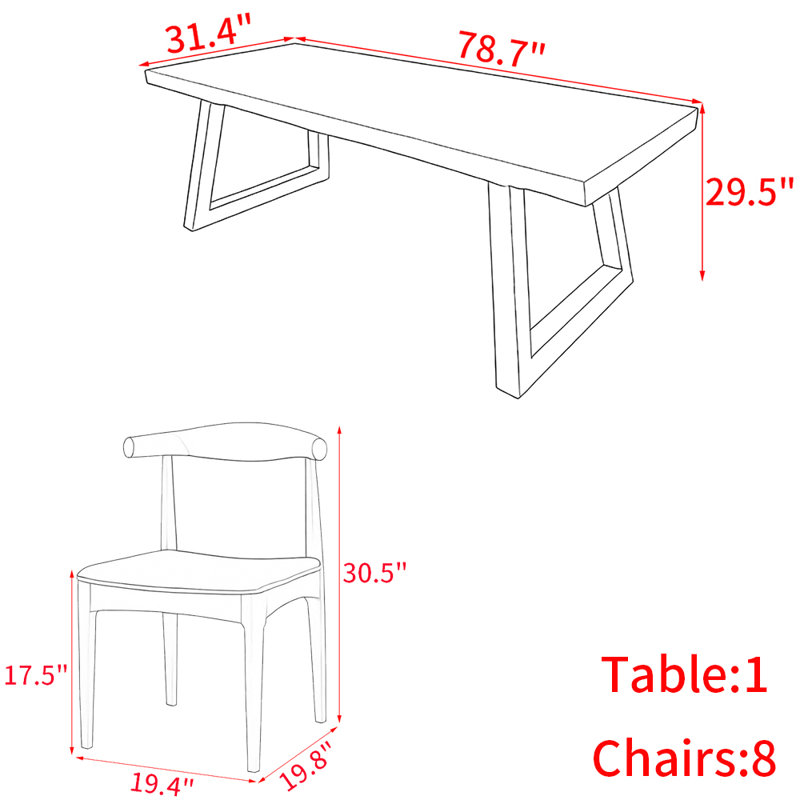 Ensemble de table de salle à manger moderne en bois massif de style nordique, H 29,5 po x L 78,7 po x l 31,4 po