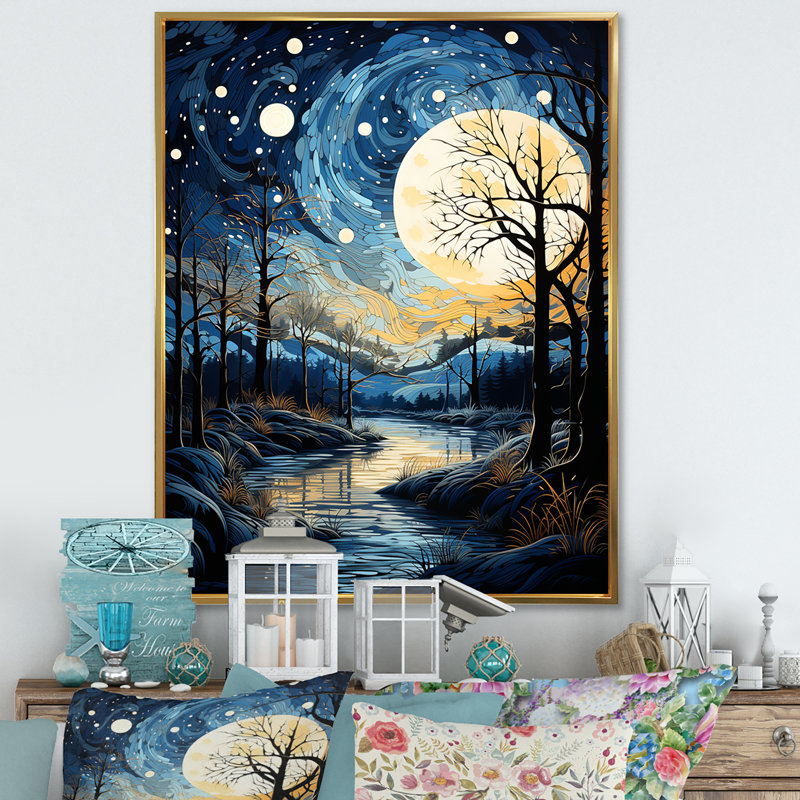 Indigo Intrigue Water Stream sur toile, H 32 po x l 16 po x P 1 po, Cadre flottant doré