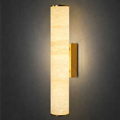 Applique murale cylindrique 19,7 po à DEL moderne en albâtre naturel à intensité variable avec plaque arrière en laiton