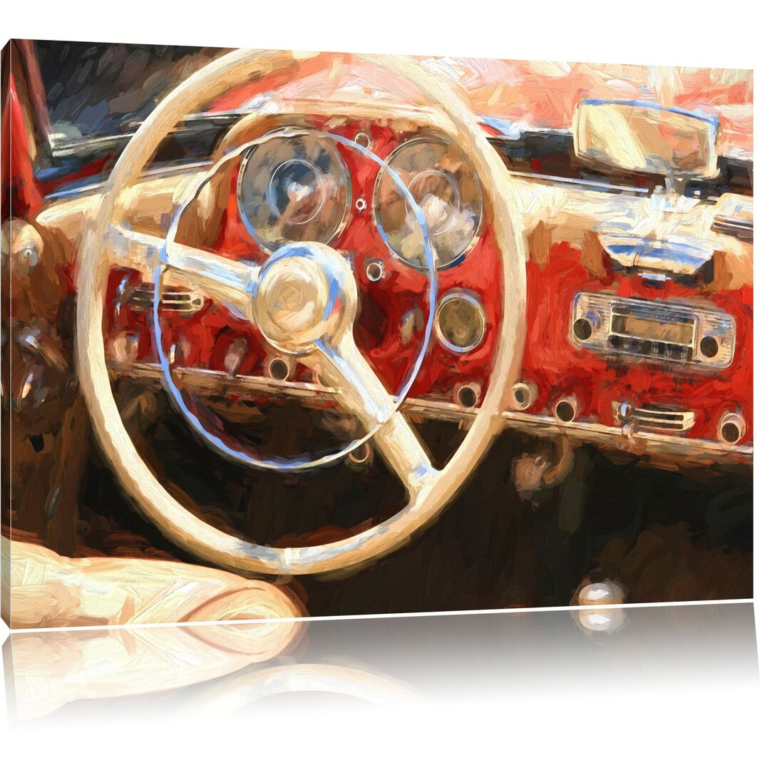 Leinwandbild Elegantes Oldtimer Lenkrad in Beige/Hellrot