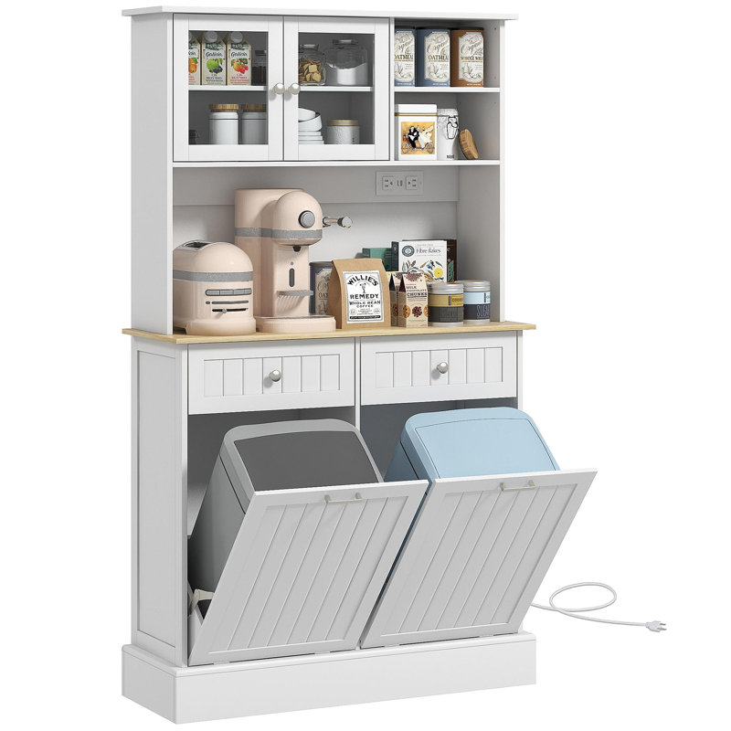68" Kitchen Pantry Storage Cabinet With Charging Station, 2 Tilt Out Trash Cabinets And Microwave Stand, Freestanding Kitchen Hutch With Doors And Adjustable Shelf