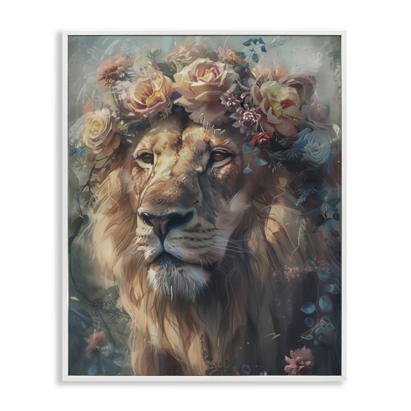 Lion avec guirlande de roses, estampe numérique, design par Arlington Prints, H 20 po x l 16 po