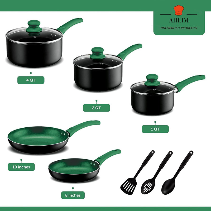 Green 11-Piece Aluminum Nonstick Cookware Set with Glass Lids