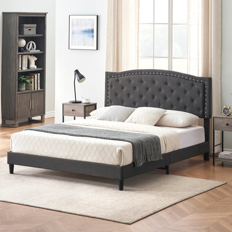 Full Size Bed Frame Upholstered Platform with a Height-Adjustable Button-Tufted Headboard, Wood Slats Mattress Foundation, Gray