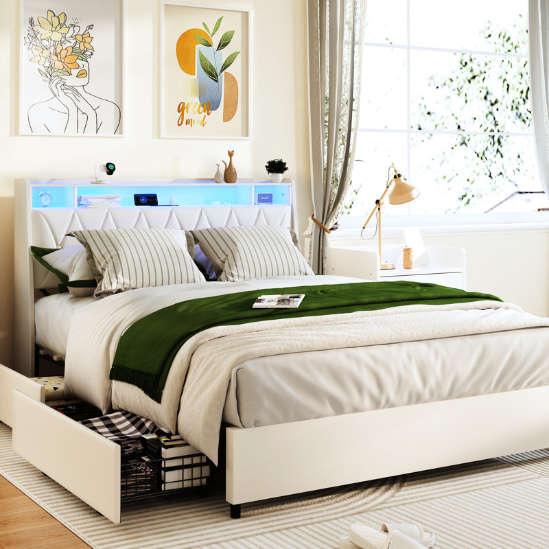 Base de lit plateforme blanche avec tête de lit ergonomique, prises de courant encastrées, rangement et rangement pour une nuit paisible