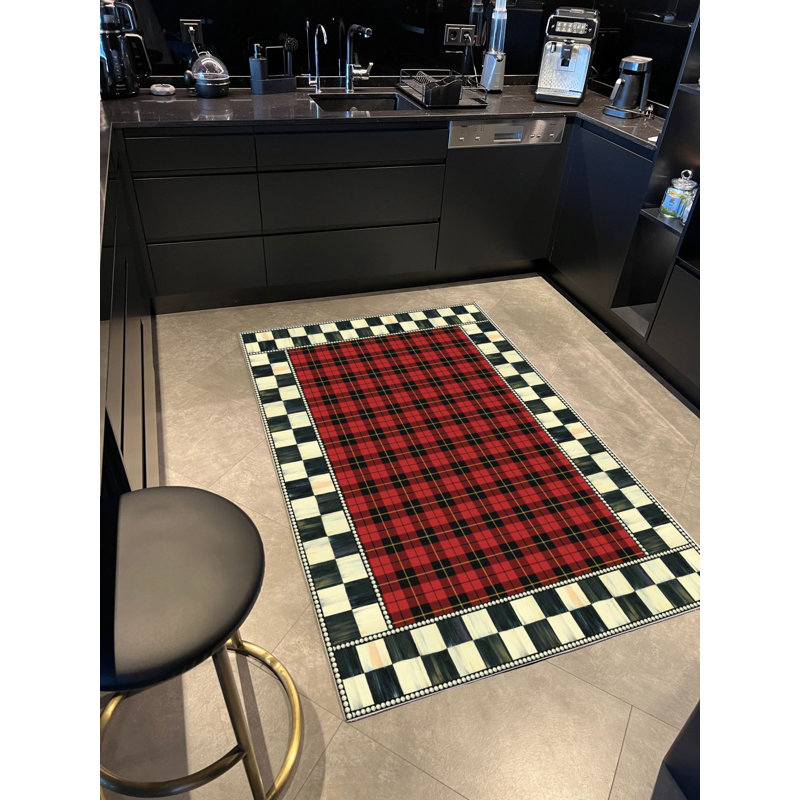 Tapis rouge tissé à motif écossais et damier, Rectangle 4 pi 7,12 po x 6 pi 6,74 po