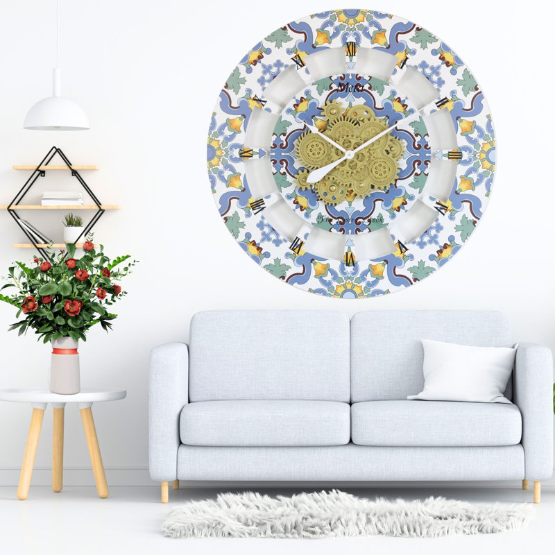 Oversized 36" Multicolor Metal and Wood Wall Clock with Moving Gears