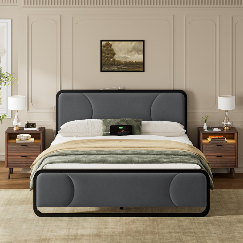 Ensemble de chambre à coucher 3 pièces, lit tapissier en forme d'arc avec 2 tiroirs et 2 tables de chevet à motif de vagues