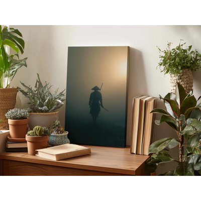 Japanese Warrior Wall Art, Samurai in Fog Canvas - Minimalist Ronin Silhouette, Bushido Art Print for Zen Decor, Moody Asian Landscape