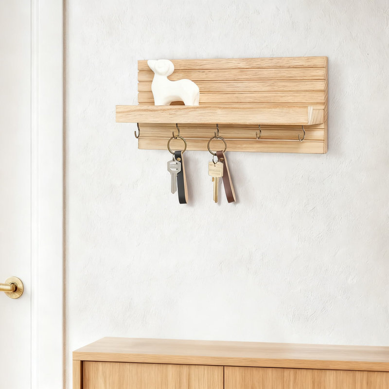 Porte-clés mural avec tablette et crochets pour l'organisation du vestibule, bois robuste et design pour laisses, manteaux et lunettes