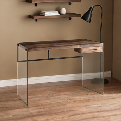Computer Desk with Storage Drawer, Clear Tempered Glass and Neutral Gray Laminate, 48 Inches, Contemporary