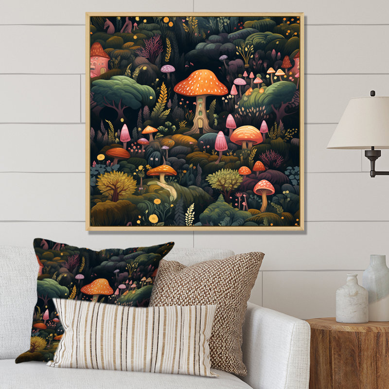 Magical Mushroom Enchanted Forest - Art mural champignon, H 30 po x l 30 po x P 1 po, Cadre flottant brun