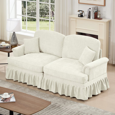 Elegant Chenille Two Seater Love Seat With Flared Arms, Ruffles, And Spindle Legs, Mid Century Style For Living Room Couch Detachable Skirts, High - Density Foam, Comfortable