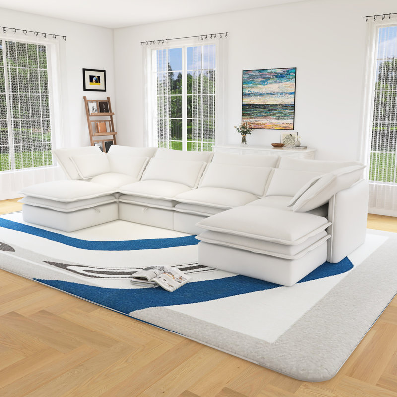Grand canapé modulaire double en forme de U à deux couches, librement combinable, 6 places avec fonction de rangement, Beige