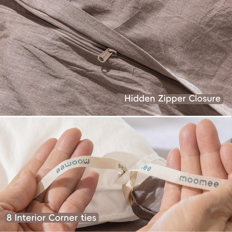 MooMee Lightweight Duvet Cover Set with Zipper Closure 8 Ties 100% Washed Cotton Linen Like Textured Soft Breathable All-Season