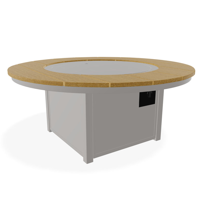 Table de feu 54 po ronde en polymère rustique avec tablette au propane, Gris chaud / teck