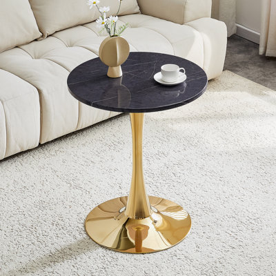 Table de salle à manger ronde, table tulipe ronde de 23,6 po avec plateau de table épaissi et piédestal en métal, table bistro moderne Mid-Century pour la cuisine, les petits espaces, le salon et le café (faux marbre)