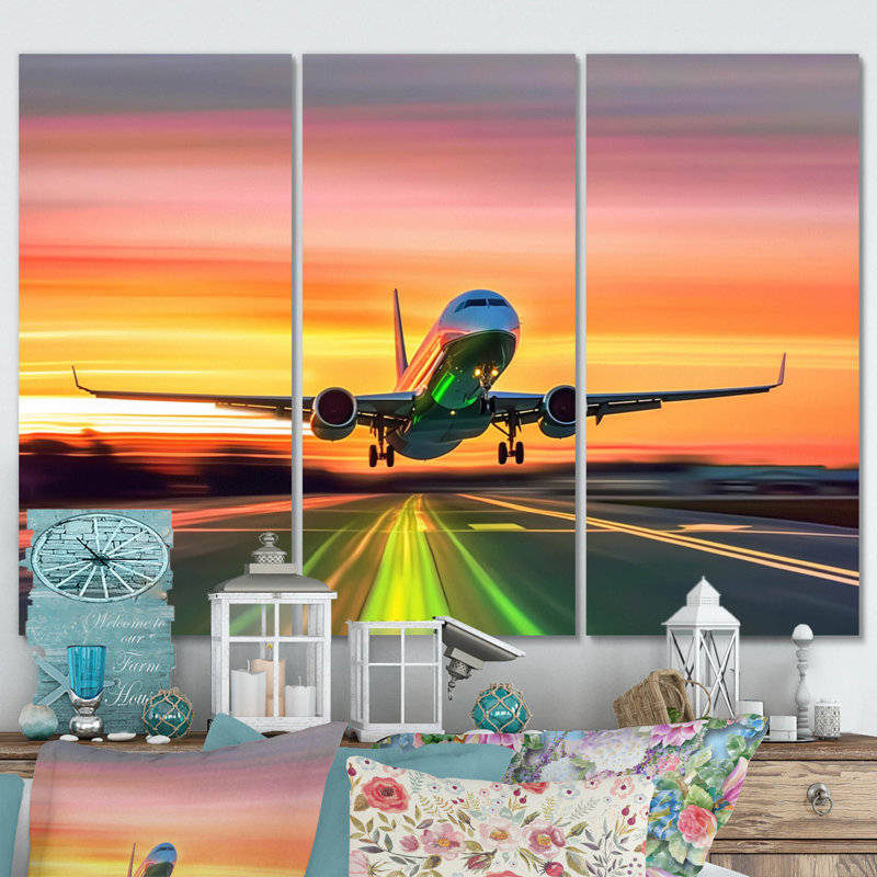 Coucher de soleil sur le Tarmac II - ensemble de décorations murales de transport en métal