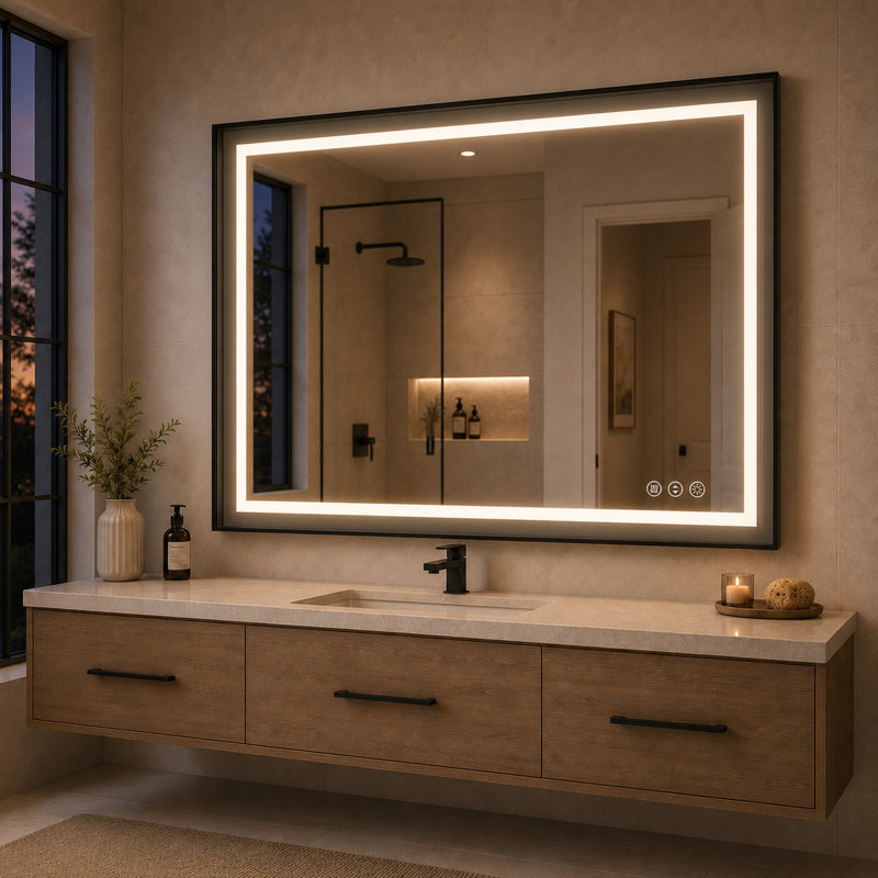 Miroir de salle de bain à DEL rétroéclairé par l'avant et l'arrière, avec cadre noir, traitement antibuée, luminosité réglable, 3 températures de couleur et verre trempé.