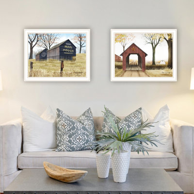 Rehaussez votre salon avec un art mural créatif: 2 reproductions de pont Barn and Buck County. 18 po x 1 po x 14 po, 5 lb. Fabriqué dans l'espace avec cadre blanc, décoration de chambre à coucher. 5 lb