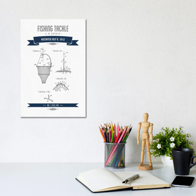 J.H. Zevely Fishing Tackle Patent Sketch Retro (Navy Blue) by Aged Pixel - Wrapped Canvas Gallery-Wrapped Canvas Giclée