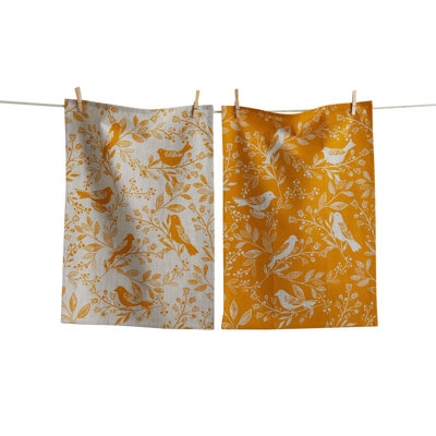 Canyon Print Birds & Vines Ochre Kitchen Towel Set  Everyday Dishtowels, Machine Washable.