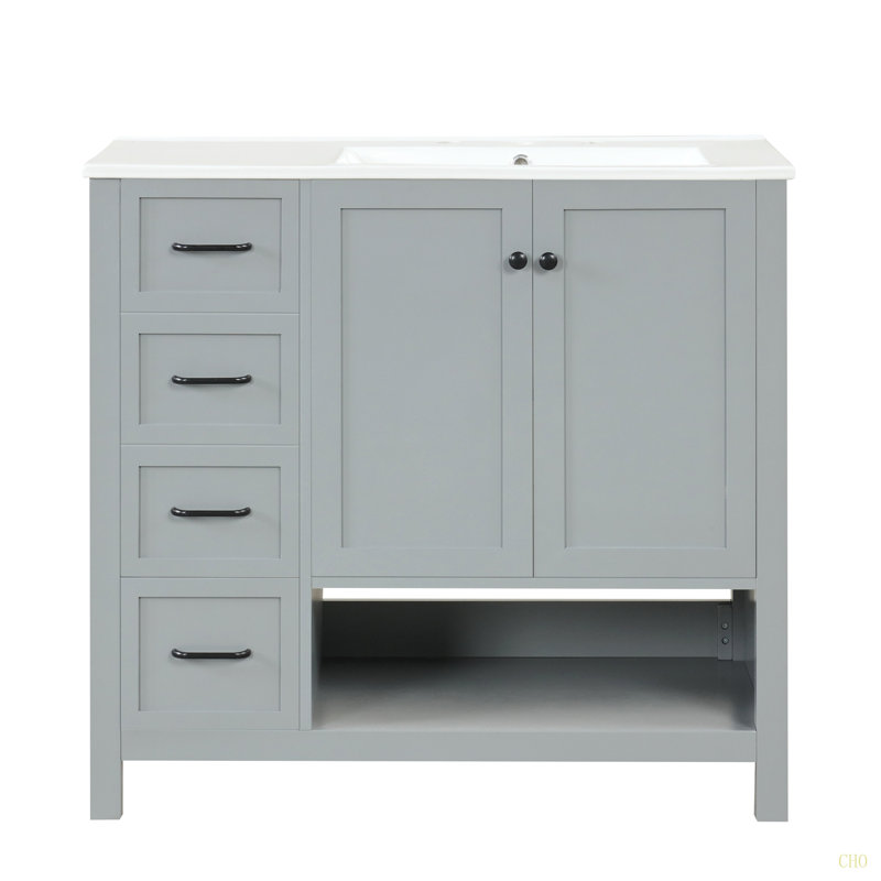 Meuble-lavabo 36 po avec comptoir d'évier, meuble-lavabo avec deux portes et deux tiroirs, bois massif, tablette ouverte, panneaux de fibres à densité moyenne, un paquet