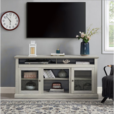 Meuble télé contemporain pour téléviseur de 65 po ou moins avec espace de rangement ouvert et fermé, gris pierre, l 60 po x P 15,75 po x H 29 po
