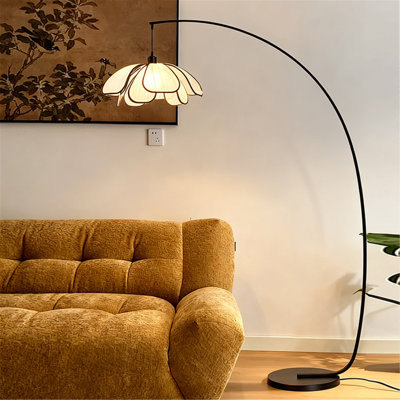 Modern Petal Arc Floor Lamp With Fabric Shade - Adjustable Height, Heavy Iron Base, Dimmable Led Eye-care Lighting For Living Room/bedroom (black)