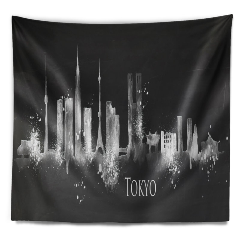 Tapisserie noire tokyo paysage urbain, H 32 po x l 39 po