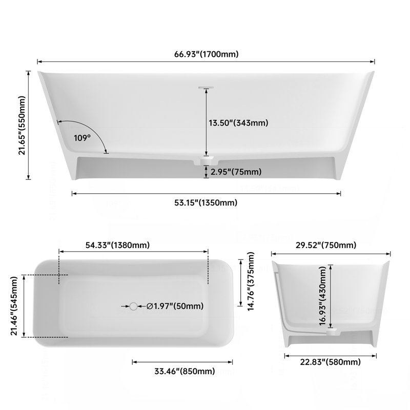 67 Inch Solid Surface Soaking Bathtub - Deep Soak Freestanding Tub