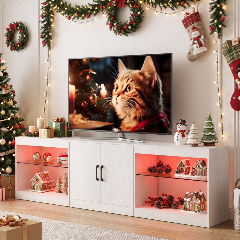 TV Stand with Power Outlets Adjustable LED Lights Storage Cabinet for TVs up to 85” White, White