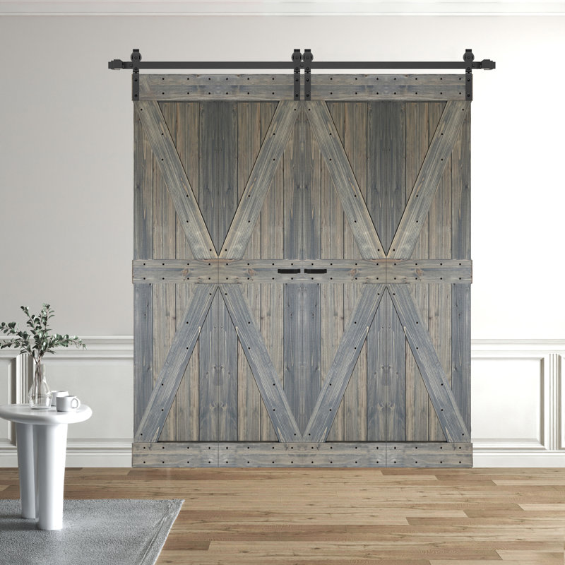 Porte de grange double pliante en bois massif de style K avec ensemble de quincaillerie - Assemblage requis, Tonneau vieilli