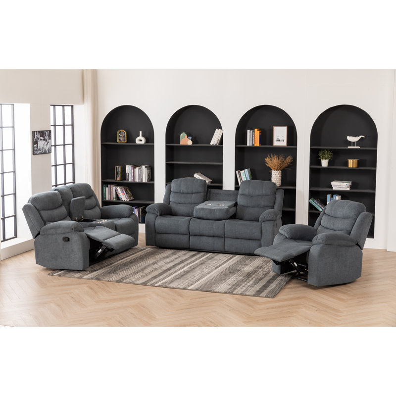 Ensemble de salon inclinable manuel 3 pièces avec porte-gobelets, Gris
