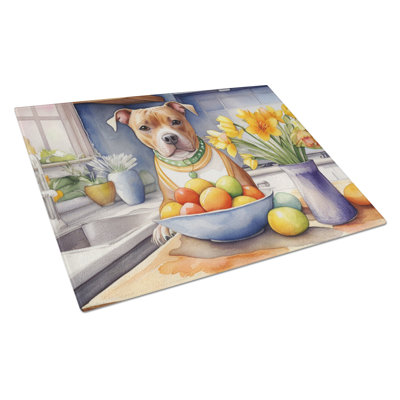 Decorating Easter Staffordshire Bull Terrier Glass Cutting Board