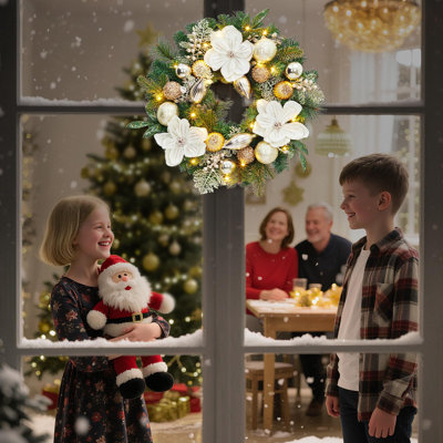 24" Pre-Lit Christmas Wreaths for Front Door, Battery Operated Outdoor Xmas Wreath with 20 LED Lights Timer Magnolia Flowers & Gold Balls, Lighted Holiday Wreath for Wall Window Indoor Decor