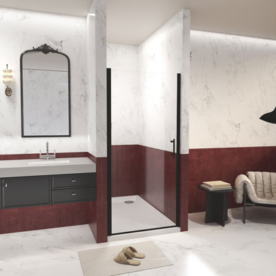 28"x 72" Pivot Shower Door, Matte Black Aluminum Frame, Half Frame ,1/4"(6mm) Tempered Glass Explosion Proof Film