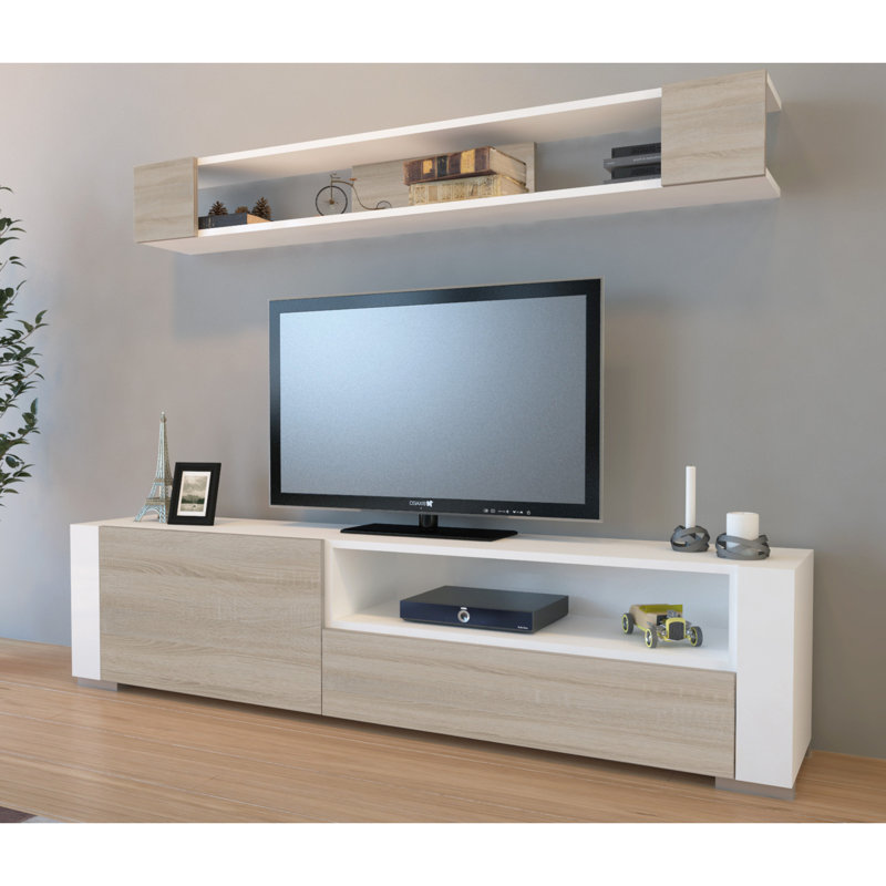 Modern TV Unit with Wall Shelf, White & Cordoba, 70.9 x 17.3 x 12.4 inches | 100% Melamine Coated Particle Board, Thickness: 0.7 inches | Numerous Shelves, Wall-Mountable Design, Stylish & Functional for Living Room