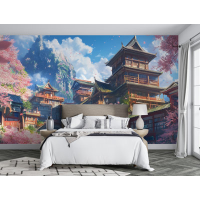 Japanese Temple And Cherry Blossoms Wall Mural – Serene Mountain Landscape With Sakura Trees, Ideal For Tranquil Home Decor And Zen Spaces