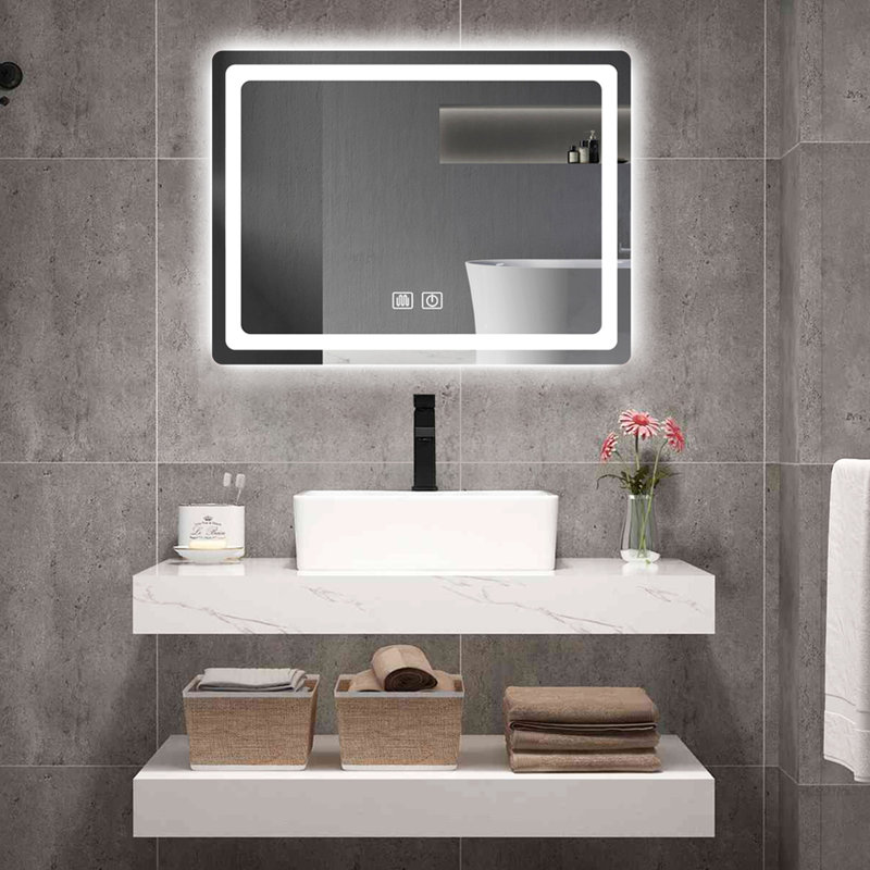 Miroir de salle de bain - Technologie de pointe, surface lisse, fonction brouillard longue durée en forme de brouillard lumineux, qualité HD, montable
