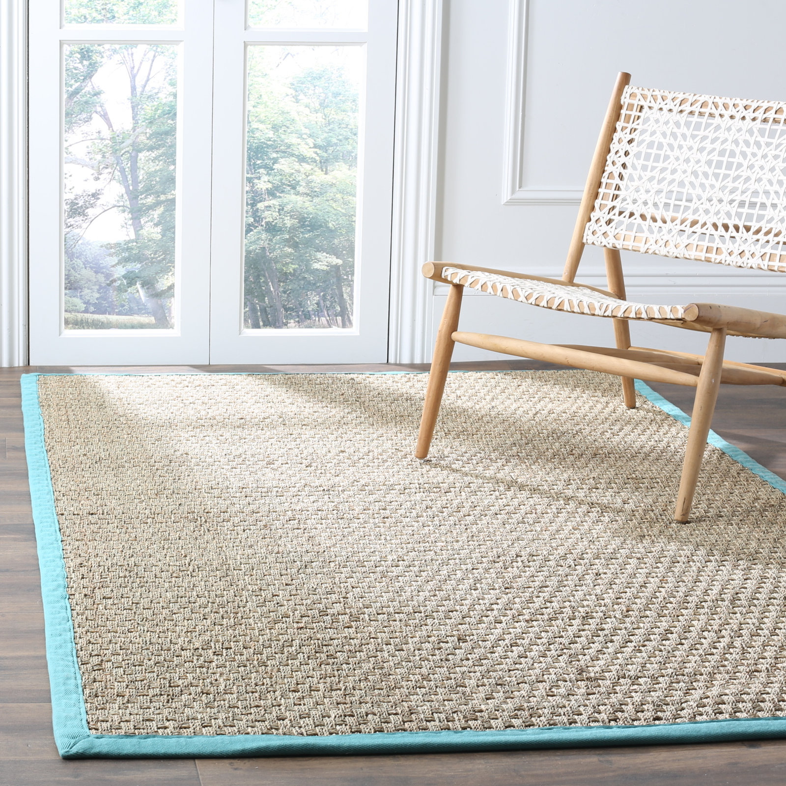 Natural Teal Bamboo Seagrass Rug, Rectangle 6' x 9'
