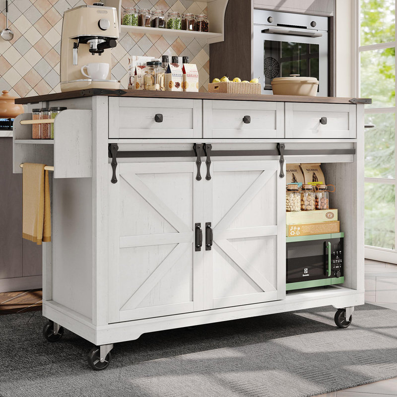 Kitchen Island With Sliding Doors And 3 Drawers White, White