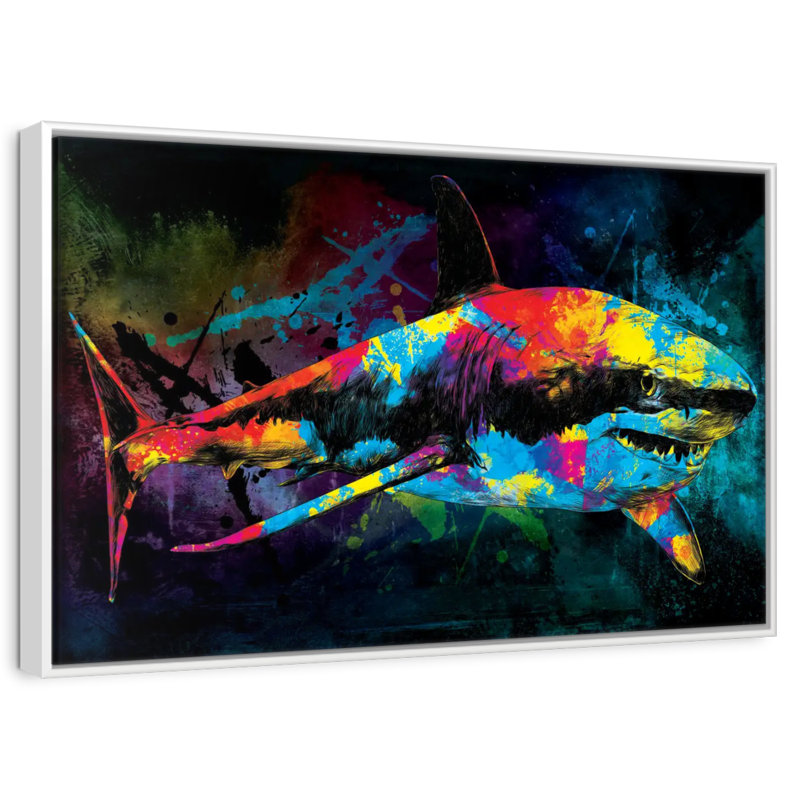 Great White Shark Color Grunge, Floating Frame White, 37" X 25"
