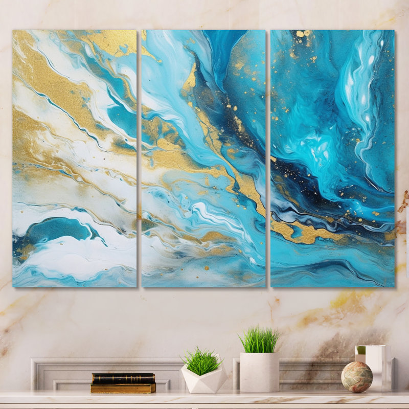 Turquoise doré infusé marbre III - 3 pièces sur toile tendue, H 40 po x l 60 po x P 1 po