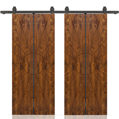 Stained Pine Wood Bi-Fold Double Barn Door with Sliding Hardware Kit