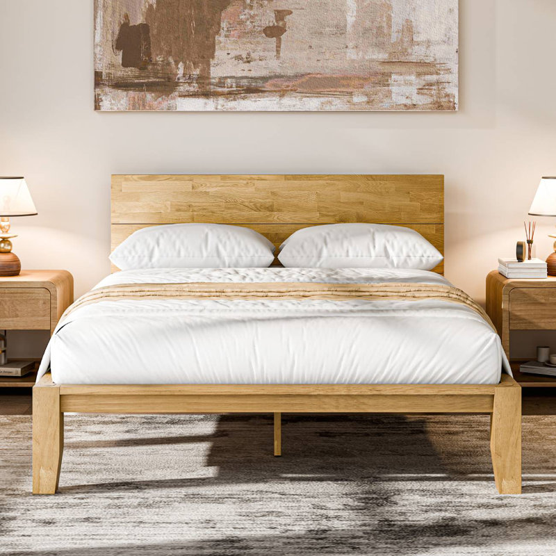 Japanese Joinery Craft Solid Wood Platform Bed with Integrated USB Charging, Natrual, Queen