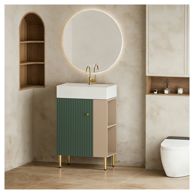 Meuble-lavabo simple 21,6 po avec lavabo en céramique, armoire en bois vert avec porte à fermeture en douceur et tablettes ouvertes, rangement à droite