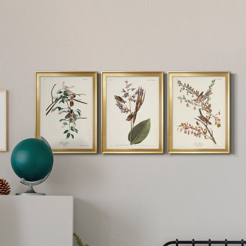 Pl. «160 Carolina Titmouse», ensemble de 3 impressions sur toile encadrées, Doré, H 26,5 po x l 109,5 po x P 1,5 po